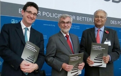 John Davies, Fred Jenny and Pradeep S Mehta releasing the CUTS Framework on Competition Reforms at Paris on October 29, 2015