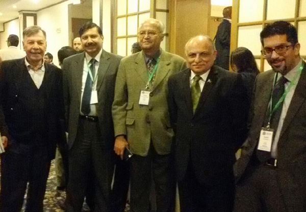 From Left: Ambassador Shafqat Kakakhel (SDPI), Dr. Nagesh Kumar(UNESCAP),Pradeep Mehta (CUTS),Majyd Aziz(KCCI), Ali Khizar (Business Recorder) at a SDPI Conference, Pakistan on December 11, 2014.