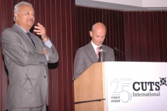 Pradeep S Mehta and Pascal Lamy, Director General, WTO at a function organised by CUTS in NewDelhi on September 06, 2011